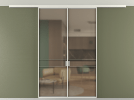 Алюминевая перегородка АЛПР 040.02_АСР_Бронза сатин триплекс_new. Цвет Алюминий серый. Материал Алюминий в эмали. Коллекция Перегородка Формато вдоль стены на потолок 2 створки. Картинка.