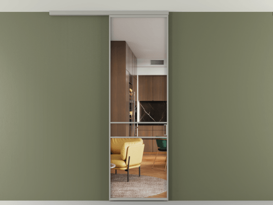 Алюминевая перегородка АЛПР 040.02_АНСР_Crystalvision_new. Цвет Алюминий нейтральный серый. Материал Алюминий в эмали. Коллекция Перегородка Formato вдоль стены на потолок 1 створка. Картинка.