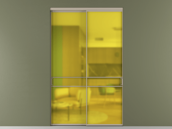 Алюминевая перегородка АЛПР 040.02_АБСК_САТ ЖЕЛ_new. Цвет Алюминий бисквитный. Материал Алюминий в эмали. Коллекция Перегородка Formato внутри проёма 2 створки. Картинка.