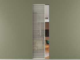 Алюминевая перегородка АЛПР 040.077 ММБ Серый триплекс. Цвет Алюминий молочно-белый. Материал Алюминий в эмали. Коллекция Перегородка Formato скрытый пенал 1 створка. Картинка.