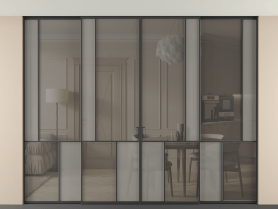 Алюминевая перегородка vntp4_3 ЧЕР. Цвет Алюминий Черный. Материал Алюминий. Коллекция Перегородка Mosaic внутри проёма скрытое крепление в потолок 4 створки. Картинка.