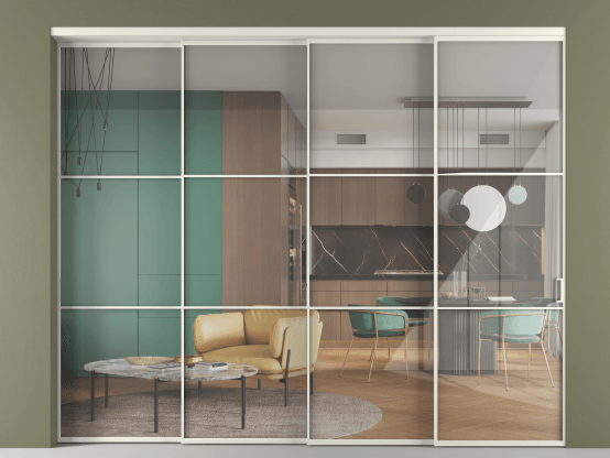 Алюминевая перегородка АЛПР 040.03 БЕЛ Алюминий Белый Stopsol Clear прозрачное. Цвет Алюминий Белый. Материал Алюминий. Коллекция Перегородка Формато внутри проёма 4 створки с синхронным механизмом. Картинка.